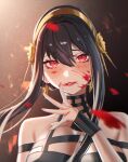  1girl absurdres artist_name bangs bare_shoulders black_gloves blood blood_on_face blood_splatter blurry blurry_foreground blush breasts commentary earrings eyebrows_visible_through_hair eyeliner fingerless_gloves flower gloves gold_earrings gold_hairband gudanco_(nyanmeowzer) hair_between_eyes hair_flower hair_ornament highres jewelry large_breasts light_particles lips lipstick long_hair looking_at_viewer makeup parted_lips portrait red_eyes sidelocks solo spy_x_family upper_body yor_briar 