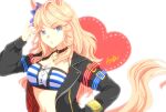  1girl airabi animal_ears artist_name bandeau bangs black_choker black_jacket blonde_hair blue_bow blue_eyes bow breasts choker cleavage commentary_request eyebrows_visible_through_hair gold_city_(umamusume) hair_bow hand_up horse_ears jacket large_breasts long_hair long_sleeves looking_at_viewer midriff navel open_clothes open_jacket parted_lips signature simple_background solo stomach strapless striped_bandeau tail tube_top umamusume upper_body white_background 