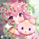  1girl :d absurdres bangs blurry blurry_background blurry_foreground brown_shirt curcuma_(flower_knight_girl) depth_of_field double_bun eyebrows_visible_through_hair flower flower_knight_girl gloves hair_between_eyes hair_flower hair_ornament highres long_hair looking_at_viewer object_hug pink_flower pink_gloves pink_hair red_eyes shirt siera_(sieracitrus) smile solo stuffed_animal stuffed_toy teddy_bear upper_body x_hair_ornament 