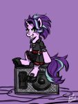  alternate_hairstyle ami-gami belt black_eyes bottomwear clothing equid equine eyelashes female feral footwear friendship_is_magic grin hair half-closed_eyes hasbro hi_res horn looking_at_viewer mammal my_little_pony narrowed_eyes pink_body punk purple_background purple_hair purple_tail shoes simple_background skirt smile solo speaker starlight_glimmer_(mlp) unicorn 