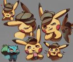  &lt;3 2019 ambiguous_gender bulbasaur clothing container cup detective_pikachu duo hat headgear headwear holding_cup holding_object multiple_poses ningukt nintendo open_mouth open_smile pikachu pok&eacute;mon pok&eacute;mon_(species) pose smile video_games 