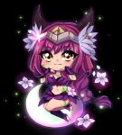  1girl :3 absurdres ahri_(league_of_legends) alternate_costume black_background braid braided_ponytail breasts bug butterfly chibi cleavage clip_studio_paint_(medium) closed_mouth commentary_request drawing eyebrows_visible_through_hair facial_mark firefly flower fox_girl full_body glowing hair_flower hair_ornament highres horns league_of_legends leg_up long_hair looking_at_viewer maiulive multicolored_hair navel pink_hair purple_hair signature solo sparkle thick_eyebrows thick_eyelashes thighs two-tone_hair whisker_markings wrist_cuffs yellow_eyes 