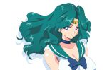  1girl bishoujo_senshi_sailor_moon blue_eyes bow breasts choker cleavage ear_piercing eyebrows_visible_through_hair green_hair highres kaiou_michiru long_hair piercing sailor_neptune sakura_naomiki shadow shiny shiny_skin simple_background smile solo tiara upper_body 