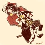  2girls ascot black_footwear black_headwear black_skirt black_vest blonde_hair blush bow braid broom broom_riding brown_eyes brown_hair buttons closed_mouth collared_vest commentary_request flying frilled_bow frilled_skirt frills gohei hair_bow hakurei_reimu hand_on_headwear hat hat_bow kageharu kirisame_marisa long_hair long_sleeves multiple_girls puffy_short_sleeves puffy_sleeves red_skirt red_vest ribbon-trimmed_sleeves ribbon_trim sepia shirt short_sleeves side_braid skirt smile touhou traditional_media turtleneck vest white_bow white_shirt wide_sleeves witch witch_hat yellow_ascot 