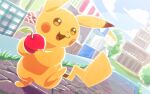  2019 ambiguous_gender apple cloud day detailed_background food ningukt nintendo open_mouth open_smile pikachu pok&eacute;mon pok&eacute;mon_(species) sky smile solo video_games yellow_body 