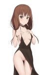  1girl ass_visible_through_thighs bangs black_choker blunt_bangs breasts brown_dress brown_eyes brown_hair choker closed_mouth coro_fae cowboy_shot dress frown highres iino_miko kaguya-sama_wa_kokurasetai_~tensai-tachi_no_renai_zunousen~ long_hair looking_at_viewer low_twintails no_panties plunging_neckline pussy revealing_clothes side_slit simple_background small_breasts solo spaghetti_strap thigh_gap thighs twintails uncensored v-shaped_eyebrows white_background 