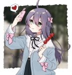  +_+ 1girl :t ahoge blurry blurry_background food hair_between_eyes heart highres holding holding_food holding_phone idolmaster idolmaster_million_live! imo_siro light_purple_hair long_hair looking_at_phone mochizuki_anna neck_ribbon outdoors outside_border phone ribbon solo spoken_heart straight_hair tanghulu 