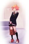  1girl absurdres ahoge amanda_o&#039;neill bag bandaid bandaid_on_knee bandaid_on_leg black_legwear black_skirt full_body green_eyes handbag highres kneehighs little_witch_academia looking_away looking_to_the_side motion_lines orange_hair pleated_skirt pudgeruffian shoes skirt sneakers socks solo 