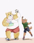  2022 anthro belly big_belly black_nose blush bottomwear brown_body canid canine canis clothing domestic_dog duo hi_res humanoid_hands kemono male mammal overweight overweight_male pommn_mn shirt shorts topwear towel towel_around_neck young 