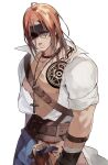  1boy absurdres ahoge bandage_over_one_eye bandaged_arm bandages bare_pectorals belt brown_belt brown_hair chain_necklace chest_tattoo closed_mouth collarbone cross cross_necklace eyes_visible_through_hair facial_tattoo hakasesuitchi hammer highres jewelry looking_at_viewer male_focus medium_hair necklace original pectorals purple_eyes rope scar scar_on_arm scar_on_chest scar_on_face scar_on_stomach shirt_tucked_in simple_background sleeves_rolled_up solo tattoo white_background 