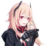  2girls :3 absurdres bangs black_jacket blonde_hair blush_stickers chibi commentary_request eni_rei eyebrows_visible_through_hair girls&#039;_frontline gloves hair_between_eyes headgear highres holding holding_person jacket long_hair long_sleeves m4_sopmod_ii_(girls&#039;_frontline) m4_sopmod_ii_jr multicolored_hair multiple_girls open_mouth red_eyes red_hair simple_background smile streaked_hair teeth upper_body upper_teeth white_background 
