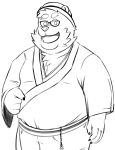  2022 absurd_res anthro asian_clothing clothing delivery_bear_service east_asian_clothing eyewear glasses hat headgear headwear hi_res humanoid_hands japanese_clothing kamui_shirow kermo_(kamui_shirow) keychain male mammal overweight overweight_male simple_background solo ursid white_background 