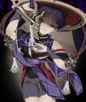  1220_(fowlr) 1boy absurdres bangs bare_shoulders black_shirt genshin_impact grin half-closed_eyes highres holding holding_sword holding_weapon japanese_clothes jingasa looking_at_viewer musou_isshin_(genshin_impact) o-ring purple_eyes purple_hair scaramouche_(genshin_impact) shaded_face shirt shorts sleeveless sleeveless_shirt smile solo sword tsurime vambraces weapon 