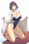  1girl absurdres anagumasan bangs blue_swimsuit breasts cleavage eyebrows_visible_through_hair highres jewelry kneeling labcoat large_breasts looking_at_viewer narrow_waist one-piece_swimsuit parted_lips philena_ivy pokemon pokemon_(anime) pokemon_(classic_anime) purple_eyes purple_hair shoes short_hair smile solo strapless swimsuit thighs 