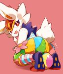  2022 absurd_res ambiguous_gender anthro blush buckteeth butt cinderace clothed clothing crouching easter easter_egg egg feet flower fluffy fluffy_tail fur hi_res hindpaw holidays inflatable lagomorph leporid looking_at_viewer looking_back mammal minamo_(pixiv17726065) multicolored_clothing narrowed_eyes nintendo open_mouth pastel_style_cinderace paws pink_background plant pok&eacute;mon pok&eacute;mon_(species) pokemon_unite rear_view red_eyes scut_tail short_tail signature simple_background smile soles solo teeth tongue video_games white_body 
