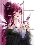 1girl asymmetrical_bangs bangs bare_shoulders black_hair blouse blurry blurry_background blush bow bow_hairband breasts cleavage collarbone crystal cup demon_girl demon_horns detached_wings fangs hairband heterochromia highres hololive hololive_english horns indoors irys_(hololive) jacket jacket_pull long_hair looking_at_viewer medium_breasts mini_wings mug multicolored_hair multiple_horns nail_polish open_mouth pointy_ears ponytail shirt sinap_(12000klb) solo sunlight upper_body very_long_hair window wings 