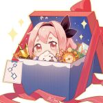  1girl arknights bangs black_hairband black_ribbon blush box commentary_request covered_mouth flying_sweatdrops gift gift_box hair_intakes hair_ribbon hairband in_box in_container looking_at_viewer pink_hair pudding_(arknights) red_eyes ribbon short_eyebrows signature solo sparkle sui_(blackcatsui_yoi) thick_eyebrows white_background 