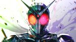  1boy armor debris heterochromia highres kamen_rider kamen_rider_double kamen_rider_w kuri_giepi lens_flare orange_eyes red_eyes scarf solo tokusatsu v-fin 