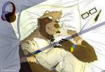  absurd_res anthro bed canid canine canis cuddling furniture hi_res kuma_richards male male/male mammal morning raccoon_dog romantic romantic_couple sleeping_together solo tanuki wolf 