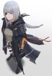  1girl absurdres assault_rifle bangs braid commentary_request eni_rei eyepatch full_body girls&#039;_frontline gloves grey_hair gun highres holding holding_gun holding_weapon jacket long_hair looking_at_viewer m16 m16a1_(boss)_(girls&#039;_frontline) miniskirt mole mole_under_eye multicolored_hair open_clothes open_jacket orange_eyes orange_hair pleated_skirt rifle scar scar_across_eye scar_on_face shadow skirt solo standing streaked_hair weapon 