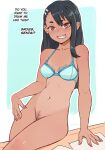  1girl artist_name black_hair blue_bra bottomless bra breasts brown_eyes dark-skinned_female dark_skin earclip english_text fang female_pubic_hair grin highres ijiranaide_nagatoro-san litsilium medium_breasts nagatoro_hayase navel one-piece_tan paper pink_nails pubic_hair short_eyebrows signature sitting smile solo tan tanlines underwear 