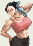  abs black_hair glasses highres mikel_(4hands) muscular muscular_female original sweat tank_top toned towel wiping_sweat 