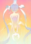  1girl angel angel_wings ass bow completely_nude cropped_legs crown feathered_wings from_behind gradient gradient_background hair_bow highres holding_wreath kaede_(shijie_heping) long_hair low_wings multiple_wings nude original own_hands_together sidelocks sketch solo thigh_gap twintails very_long_hair white_hair white_wings wings wreath 