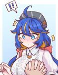  ! !! 1girl ahoge alternate_costume alternate_hairstyle blue_eyes blue_hair blush bulga dress hat holding_hands huge_ahoge jewelry last_origin long_hair low_twintails multicolored_hair necklace orange_hair ribbon simple_background spartoia surprised twintails two-tone_hair 