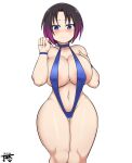  1girl absurdres areola_slip areolae bangs bikini black_hair blue_eyes blush breasts cleavage closed_mouth covered_nipples elma_(maidragon) eyebrows_visible_through_hair gradient_hair highres horns jmvmaa kobayashi-san_chi_no_maidragon large_breasts multicolored_hair navel short_hair signature simple_background single_horn slingshot_swimsuit solo swimsuit thick_thighs thighs white_background 