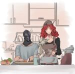  1boy 1girl amputee apron breasts carrot closed_eyes collarbone cooking elden_ring fire highres illip indoors jewelry kitchen knife malenia_blade_of_miquella mechanical_arms medium_breasts medium_hair notice_lines onion pot prosthesis prosthetic_arm red_hair ring single_mechanical_arm steam stove tall_female tarnished_(elden_ring) 