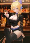  1girl absurdres alcohol arm_behind_back belt belt_collar black_legwear black_shorts black_sleeves blonde_hair blue_belt blue_bow blue_eyes blurry blurry_background bow breasts center_opening cleavage collar commentary commission counter cowboy_shot crossed_legs eyebrows_visible_through_hair garter_straps girl_cafe_gun hair_between_eyes hair_bow hair_ornament hallo_(rltkdydrltk) hand_up highres holding indoors juno_emmons large_breasts liquor long_hair long_sleeves looking_at_viewer navel parted_lips shorts sitting solo spiked_collar spikes stool thigh_strap thighhighs thighs very_long_hair wavy_hair 