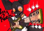  2015 ambiguous_gender anthro black_body black_fur blush bodily_fluids clothing dinogaize eye_glint fluffy fluffy_ears fluffy_tail fur guitar kemono mighty_(dinogaize) musical_instrument no_pupils orange_eyes playing_guitar playing_music plucked_string_instrument red_background shirt simple_background string_instrument sweat text topwear white_clothing white_shirt white_topwear 