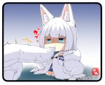  1girl animal_ears azur_lane bangs biting blunt_bangs blush chibi clenched_hand commander_(azur_lane) commentary_request detached_sleeves eyebrows_visible_through_hair eyeshadow fox_ears fox_girl fox_tail gloves hands_on_hips hat japanese_clothes kaga_(battleship)_(azur_lane) kyuubi long_sleeves looking_at_viewer makeup mini_hat multiple_tails out_of_frame short_hair sidelocks tail taisa_(kari) translated twitter_username white_gloves white_hair wide_sleeves 