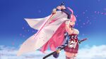  1girl absurdres animal_ears armpits arms_up bangs blue_sky breasts closed_mouth cloud cloudy_sky danraz0r fox_ears fox_mask half-closed_eyes highres holding holding_sword holding_weapon honkai_(series) honkai_impact_3rd japanese_clothes katana long_hair mask miko petals pink_hair pink_skirt purple_eyes sideboob skirt sky solo sword thighhighs weapon white_legwear white_sleeves yae_sakura yae_sakura_(gyakushinn_miko) 