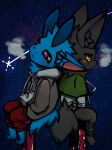  2016 3:4 ambiguous_gender anthro aru_(dinogaize) black_body black_fur blue_body blue_fur blue_tail blush bottomwear clothing condensation cosmic_background diamond_eyes dinogaize drawstring duo fluffy fluffy_tail fur hoodie inner_ear_fluff kemono looking_up mighty_(dinogaize) neck_tuft no_pupils orange_eyes pants red_bottomwear red_clothing red_eyes red_pants shooting_star sitting starry_background topwear tuft turned_back young 