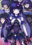  1girl absurdres bangs bare_shoulders black_gloves breasts cleavage closed_mouth gauntlets gloves happy_birthday highres honkai_(series) honkai_impact_3rd horns jacket kayaya_(kiryuushi) long_hair looking_at_viewer mask multiple_persona ponytail purple_eyes purple_hair raiden_mei raiden_mei_(herrscher_of_thunder) raiden_mei_(lightning_empress) raiden_mei_(striker_fulminata) shirt single_gauntlet single_glove smile torn_clothes torn_legwear white_jacket white_shirt 