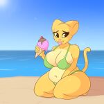  anthro beach bethesda_softworks bikini blepwep breasts clothing dessert domestic_cat felid feline felis female food hi_res ice_cream katia_managan mammal prequel seaside solo swimwear the_elder_scrolls video_games webcomic 