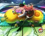  absurdres akira green_eyes hair_ornament hairclip hat highres hololive long_hair mario_kart moon outdoors parody pink_hair rainbow_road roy_koopa rudae sakura_miko skirt sky thighhighs turtle_shell virtual_youtuber wheel 