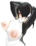  1girl alternate_breast_size areolae arms_behind_head arms_up bangs black_hair breastless_clothes breasts brown_eyes closed_mouth emperor_penguin_(kemono_friends) hair_over_one_eye half-closed_eye headphones highres huge_breasts jacket kemono_friends large_areolae leotard long_bangs long_hair long_sleeves looking_at_viewer multicolored_hair nipples open_clothes open_jacket red_hair shibori_kasu sketch solo streaked_hair two-tone_hair upper_body 