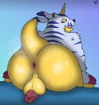  absurd_res animal_skin anthro anus balls bandai_namco bodily_fluids butt digimon digimon_(species) erection gabumon genitals hi_res horn male miscellanea404 penis perineum presenting presenting_anus slightly_chubby solo sweat yellow_body 