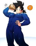  1boy :o bangs bara black_hair blue_bodysuit blush bodysuit bottle covered_abs covered_navel covered_nipples dragon_ball dragon_ball_z hand_on_hip highres holding holding_bottle large_pectorals looking_at_viewer male_focus muscular muscular_male pectorals saiyan shipa short_hair skin_tight solo son_goku spiked_hair thick_thighs thighs translation_request water_bottle 