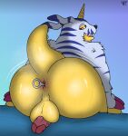  absurd_res anal anal_beads anal_masturbation animal_skin anthro anus balls bandai_namco bodily_fluids butt digimon digimon_(species) erection gabumon genitals hi_res horn male masturbation miscellanea404 penis perineum presenting presenting_anus sex_toy slightly_chubby solo sweat yellow_body 