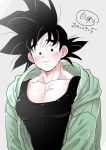  1boy absurdres bangs bara black_hair black_tank_top blush closed_mouth dated dragon_ball dragon_ball_super green_shirt highres large_pectorals male_focus muscular muscular_male open_clothes open_shirt pectorals saiyan shipa shirt short_hair smile solo son_goku spiked_hair tank_top upper_body 