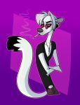  anthro belt cadaverrdog chest_tuft cigarette clothing ear_piercing ears_down elbow_tufts fur hair half-closed_eyes hi_res jewelry lux_(cadaverrdog) male mammal multicolored_hair mustela mustelid musteline narrowed_eyes necklace piercing pivoted_ears purple_background red_sclera simple_background smoking smoking_tobacco solo stoat tinted_glasses topwear true_musteline tuft two_tone_hair v-neck v-neck_shirt white_body white_fur 