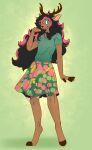  absurd_res anthro antlers bottomwear clothed clothing conditional_dnp cubble_chubb ears_up fangs female flower_pattern fur hair hi_res highlights_(coloring) horn multicolored_body multicolored_fur paws shirt skirt solo t-shirt topwear 
