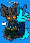  2016 ambiguous_gender anthro aru_(dinogaize) black_body black_fur black_tail blue_background blue_body blue_fur blue_sweatshirt blue_tail blush book bottomwear clothing dinogaize duo embrace fluffy fluffy_tail fur green_bottomwear green_clothing green_pants grey_bottomwear grey_clothing grey_pants hug inner_ear_fluff japanese_text kemono looking_down mighty_(dinogaize) neck_tuft no_pupils orange_eyes pants reading reading_book simple_background speech_bubble sweatshirt text translation_request tuft young 