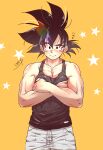  1boy bangs bara black_hair black_tank_top blush closed_mouth covering covering_chest dragon_ball dragon_ball_super grey_pants highres large_pectorals looking_at_viewer male_focus muscular muscular_male pants pectorals saiyan shipa short_hair smile solo son_goku spiked_hair tank_top 