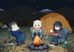  156m 3girls alternate_costume animal_ears bear_ears black_hair boots braid campfire camping chair cinders cup denim eating fish folding_chair food food_on_face fruit grass grilled_fish hair_ribbon highres holding holding_cup indie_virtual_youtuber jeans jitome kumagai_chihiro_(kumagai_chisato) kumagai_chisato lantern laughing mandarin_orange mountain multiple_girls night outdoors pants parka red_ribbon ribbon risuna_(kumagai_chisato) scarf shoes short_hair siblings single_braid sisters sitting skewer sky sleeping smile sneakers star_(sky) starry_sky steam sweater table tent white_hair wrapped_up 