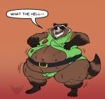  2019 anthro basicbiscuit belly belt big_belly bulge claws clothing dialogue fangs fur green_clothing guardians_of_the_galaxy hi_res looking_down male mammal marvel navel obese obese_anthro obese_male open_mouth overweight overweight_anthro overweight_male procyonid raccoon raised_tail rocket_raccoon solo spread_legs spreading text thick_thighs toe_claws tongue whiskers wide_hips 