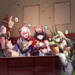  5girls :d absurdres anger_vein animal animal_ears armor bad_food bangs black_gloves breasts brown_hair cake cake_slice cat cat_ears cat_girl cleavage closed_eyes confetti couch crown elysia_(honkai_impact) food gauntlets gloves green_hair happy_birthday heart highres holding holding_plate holding_spoon honkai_(series) honkai_impact_3rd horns indoors japanese_armor klein_(honkai_impact) labcoat long_hair long_sleeves mobius_(honkai_impact) multiple_girls open_clothes open_mouth pardofelis_(honkai_impact) pink_hair plate pointy_ears purple_eyes purple_hair raiden_mei raiden_mei_(herrscher_of_thunder) sitting smile spoken_anger_vein spoken_heart spoken_sweatdrop spoon sweatdrop table user_danz7374 